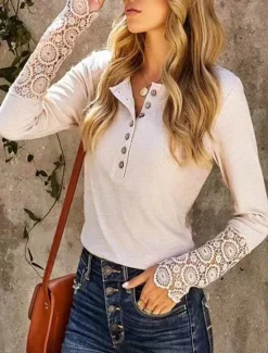 Online Women's Boho Shirt T Shirt Solid Color Ladies Long Sleeve Crew Neck Regular Tops Work Going out Eyelet Spring Fall Women Lace Tops