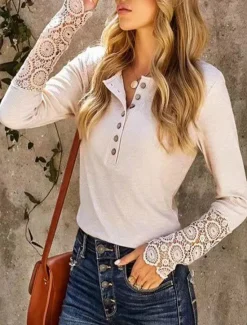 Online Women's Boho Shirt T Shirt Solid Color Ladies Long Sleeve Crew Neck Regular Tops Work Going out Eyelet Spring Fall Women Lace Tops