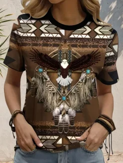 Discount Women's Boho T Shirt Western T Shirt Graphic Geometric Tribal Bohemia Vintage Stylish Short Sleeve Round Neck Regular Tops Daily Going out Weekend Print Summer Spring Women Boho Tops