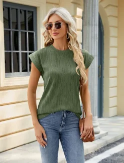 New Women's Boho T-shirt Plain Bohemia Stylish Basic Short Sleeve Flutter Sleeve Round Neck Regular Tops Daily Going out Weekend Tunic Light Green Pink Royal Blue Orange Green Summer Women T-Shirts