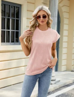 New Women's Boho T-shirt Plain Bohemia Stylish Basic Short Sleeve Flutter Sleeve Round Neck Regular Tops Daily Going out Weekend Tunic Light Green Pink Royal Blue Orange Green Summer Women T-Shirts