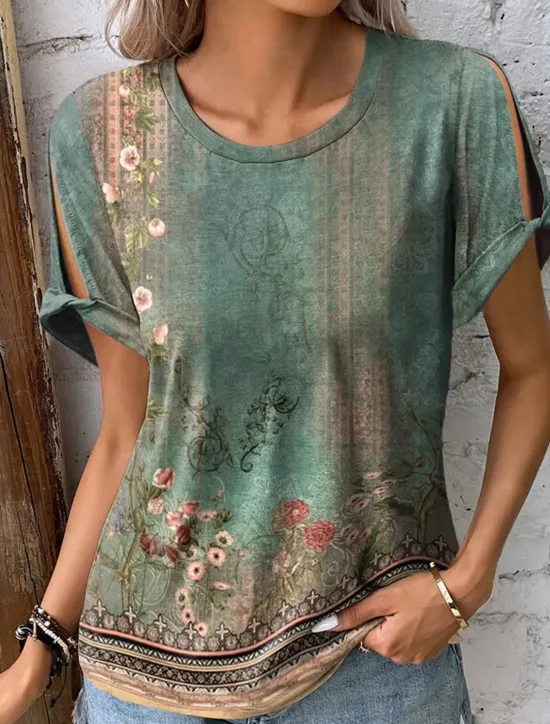 Women's Boho T-shirt T Shirt Floral Fashion Short Sleeve Round Neck Regular Tops Casual Holiday Cut Out Red Blue Purple Green Summer Women Boho Tops
