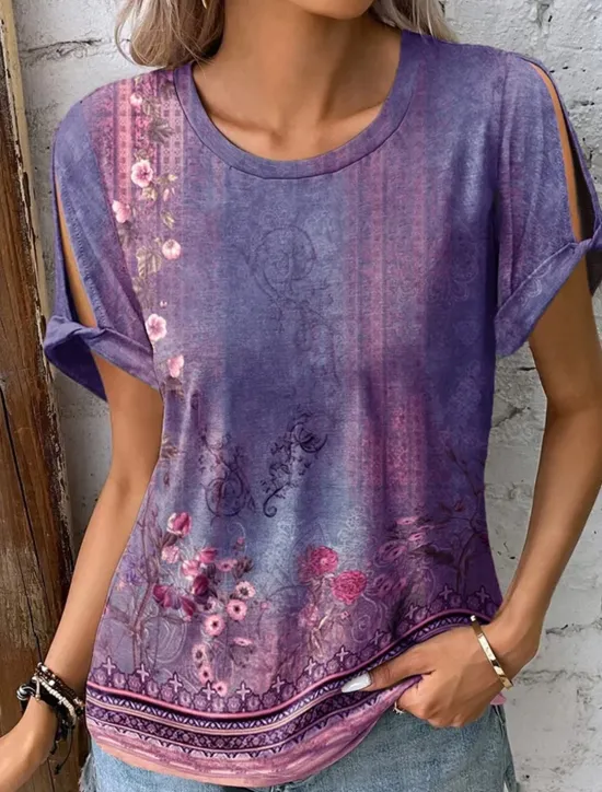 Women's Boho T-shirt T Shirt Floral Fashion Short Sleeve Round Neck Regular Tops Casual Holiday Cut Out Red Blue Purple Green Summer Women Boho Tops