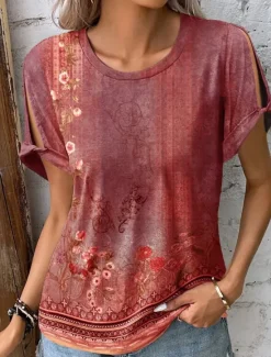 Women's Boho T-shirt T Shirt Floral Fashion Short Sleeve Round Neck Regular Tops Casual Holiday Cut Out Red Blue Purple Green Summer Women Boho Tops