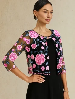 Best Women's Bolero Lace Embroidered Elegant Floral Formal Regular Crewneck Loose Fit 3/4 Length Sleeve Outerwear White Summer Spring Fall Winter Women Blazers & Suits