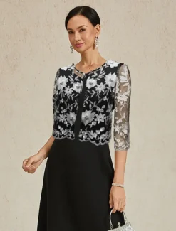 Best Women's Bolero Lace Embroidered Elegant Floral Formal Regular Crewneck Loose Fit 3/4 Length Sleeve Outerwear White Summer Spring Fall Winter Women Blazers & Suits