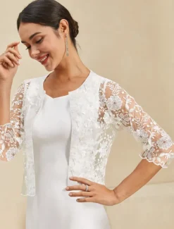 Outlet Women's Bolero Lace Embroidered Elegant Floral Formal Regular Crewneck Loose Fit 3/4 Length Sleeve Outerwear Summer Spring Fall Winter Women Blazers & Suits