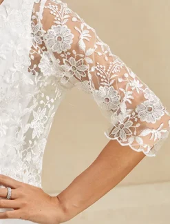 Outlet Women's Bolero Lace Embroidered Elegant Floral Formal Regular Crewneck Loose Fit 3/4 Length Sleeve Outerwear Summer Spring Fall Winter Women Blazers & Suits