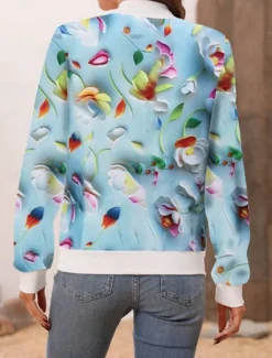 Discount Women's Bomber Jacket Casual Jacket Comfortable Breathable Zipper Pocket Print Casual Floral Vacation Street Casual Daily Wear Zipper Short Stand Collar Regular Fit Long Sleeve Outerwear White Pink Women Jackets