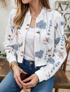 Discount Women's Bomber Jacket Casual Jacket Comfortable Breathable Zipper Pocket Print Casual Floral Vacation Street Casual Daily Wear Zipper Short Stand Collar Regular Fit Long Sleeve Outerwear White Pink Women Jackets