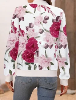 Discount Women's Bomber Jacket Casual Jacket Comfortable Breathable Zipper Pocket Print Casual Floral Vacation Street Casual Daily Wear Zipper Short Stand Collar Regular Fit Long Sleeve Outerwear White Pink Women Jackets