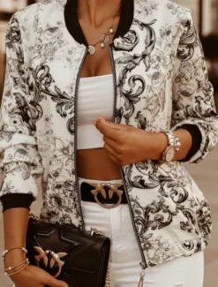 Outlet Women's Bomber Jacket Casual Jacket Comfortable Breathable Zipper Pocket Print Casual Floral Vacation Street Casual Daily Wear Zipper Short Stand Collar Slim Long Sleeve Outerwear Black And White Women Jackets