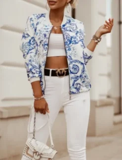 Outlet Women's Bomber Jacket Casual Jacket Comfortable Breathable Zipper Pocket Print Casual Floral Vacation Street Casual Daily Wear Zipper Short Stand Collar Slim Long Sleeve Outerwear Black And White Women Jackets