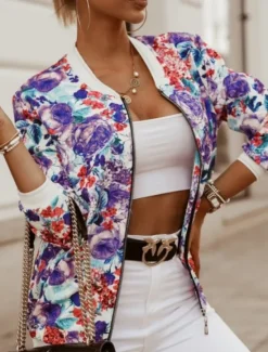 Outlet Women's Bomber Jacket Casual Jacket Comfortable Breathable Zipper Pocket Print Casual Floral Vacation Street Casual Daily Wear Zipper Short Stand Collar Slim Long Sleeve Outerwear Black And White Women Jackets