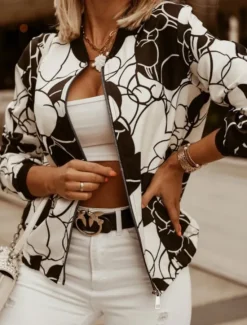 Outlet Women's Bomber Jacket Casual Jacket Comfortable Breathable Zipper Pocket Print Casual Floral Vacation Street Casual Daily Wear Zipper Short Stand Collar Slim Long Sleeve Outerwear Black And White Women Jackets