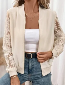 Women's Bomber Jacket Casual Jacket Breathable Comfortable Lace Patchwork Zipper Pocket Casual Plain Vacation Street Daily Wear Going out Zipper Regular Stand Collar Regular Fit Long Sleeve Outerwear Women Jackets