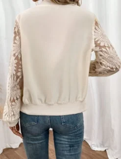 Women's Bomber Jacket Casual Jacket Breathable Comfortable Lace Patchwork Zipper Pocket Casual Plain Vacation Street Daily Wear Going out Zipper Regular Stand Collar Regular Fit Long Sleeve Outerwear Women Jackets