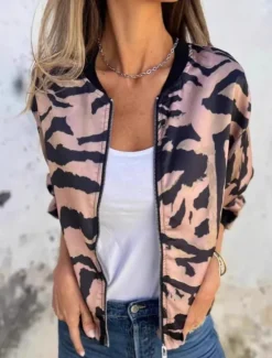 Hot Women's Bomber Jacket Casual Jacket Comfortable Breathable Zipper Print Casual Leopard Vacation Street Casual Daily Wear Zipper Regular Stand Collar Regular Fit Long Sleeve Outerwear Pink Apricot Women Jackets