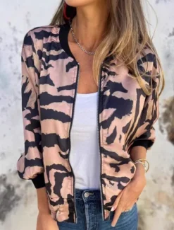Hot Women's Bomber Jacket Casual Jacket Comfortable Breathable Zipper Print Casual Leopard Vacation Street Casual Daily Wear Zipper Regular Stand Collar Regular Fit Long Sleeve Outerwear Pink Apricot Women Jackets