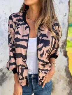 Hot Women's Bomber Jacket Casual Jacket Comfortable Breathable Zipper Print Casual Leopard Vacation Street Casual Daily Wear Zipper Regular Stand Collar Regular Fit Long Sleeve Outerwear Pink Apricot Women Jackets