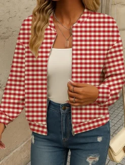 Sale Women's Bomber Jacket Casual Jacket Comfortable Breathable Zipper Pocket Print Casual Plaid Vacation Street Casual Daily Wear Zipper Regular Stand Collar Loose Fit Long Sleeve Outerwear Black White Women Jackets
