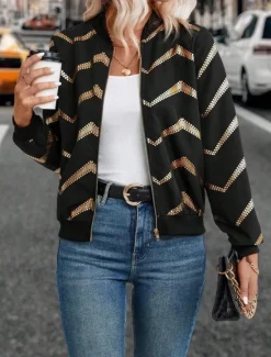 Hot Women's Bomber Jacket Comfortable Breathable Zipper Print Casual Geometric Vacation Street Casual Daily Wear Zipper Short Stand Collar Regular Fit Long Sleeve Outerwear Summer Spring Women Jackets