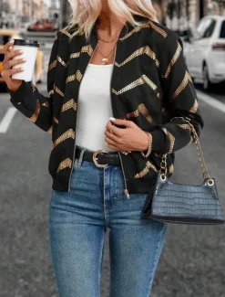 Hot Women's Bomber Jacket Comfortable Breathable Zipper Print Casual Geometric Vacation Street Casual Daily Wear Zipper Short Stand Collar Regular Fit Long Sleeve Outerwear Summer Spring Women Jackets