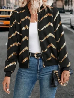 Hot Women's Bomber Jacket Comfortable Breathable Zipper Print Casual Geometric Vacation Street Casual Daily Wear Zipper Short Stand Collar Regular Fit Long Sleeve Outerwear Summer Spring Women Jackets