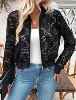 Online Women's Bomber Jacket Comfortable Breathable Lace Patchwork Zipper Elegant Casual Plain Vacation Street Casual Daily Wear Zipper Short Stand Collar Regular Fit Long Sleeve Outerwear Summer Women Jackets