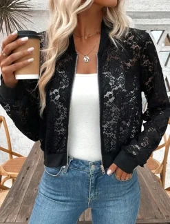 Online Women's Bomber Jacket Comfortable Breathable Lace Patchwork Zipper Elegant Casual Plain Vacation Street Casual Daily Wear Zipper Short Stand Collar Regular Fit Long Sleeve Outerwear Summer Women Jackets