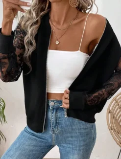Sale Women's Bomber Jacket Comfortable Breathable Lace Patchwork Zipper Pocket Elegant Casual Plain Vacation Street Casual Daily Wear Zipper Regular Stand Collar Regular Fit Long Sleeve Outerwear Black Women Jackets