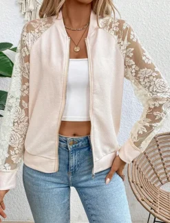 Sale Women's Bomber Jacket Comfortable Breathable Lace Patchwork Zipper Pocket Elegant Casual Plain Vacation Street Casual Daily Wear Zipper Regular Stand Collar Regular Fit Long Sleeve Outerwear Black Women Jackets