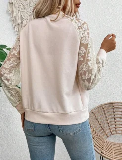 Sale Women's Bomber Jacket Comfortable Breathable Lace Patchwork Zipper Pocket Elegant Casual Plain Vacation Street Casual Daily Wear Zipper Regular Stand Collar Regular Fit Long Sleeve Outerwear Black Women Jackets
