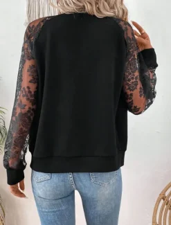 Sale Women's Bomber Jacket Comfortable Breathable Lace Patchwork Zipper Pocket Elegant Casual Plain Vacation Street Casual Daily Wear Zipper Regular Stand Collar Regular Fit Long Sleeve Outerwear Black Women Jackets
