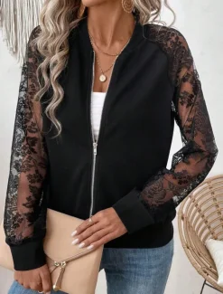 Sale Women's Bomber Jacket Comfortable Breathable Lace Patchwork Zipper Pocket Elegant Casual Plain Vacation Street Casual Daily Wear Zipper Regular Stand Collar Regular Fit Long Sleeve Outerwear Black Women Jackets