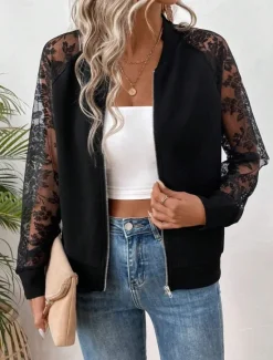 Sale Women's Bomber Jacket Comfortable Breathable Lace Patchwork Zipper Pocket Elegant Casual Plain Vacation Street Casual Daily Wear Zipper Regular Stand Collar Regular Fit Long Sleeve Outerwear Black Women Jackets