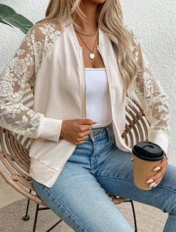 Sale Women's Bomber Jacket Comfortable Breathable Lace Patchwork Zipper Pocket Elegant Casual Plain Vacation Street Casual Daily Wear Zipper Regular Stand Collar Regular Fit Long Sleeve Outerwear Black Women Jackets
