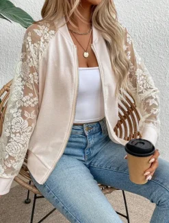 Sale Women's Bomber Jacket Comfortable Breathable Lace Patchwork Zipper Pocket Elegant Casual Plain Vacation Street Casual Daily Wear Zipper Regular Stand Collar Regular Fit Long Sleeve Outerwear Black Women Jackets