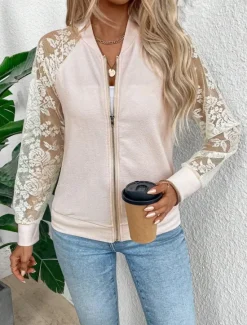 Sale Women's Bomber Jacket Comfortable Breathable Lace Patchwork Zipper Pocket Elegant Casual Plain Vacation Street Casual Daily Wear Zipper Regular Stand Collar Regular Fit Long Sleeve Outerwear Black Women Jackets
