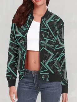 Outlet Women's Bomber Jacket Comfortable Breathable Zipper Print Casual Geometric Vacation Street Casual Daily Wear Zipper Regular Stand Collar Regular Fit Long Sleeve Outerwear Black Wine Navy Blue Spring Women Jackets