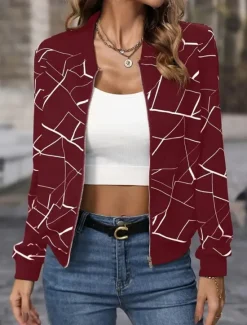 Outlet Women's Bomber Jacket Comfortable Breathable Zipper Print Casual Geometric Vacation Street Casual Daily Wear Zipper Regular Stand Collar Regular Fit Long Sleeve Outerwear Black Wine Navy Blue Spring Women Jackets