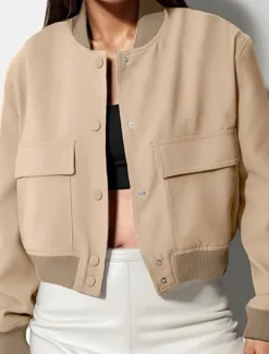 Discount Women's Bomber Jacket Outdoor Street Daily Wear Fall Winter Short Coat Regular Fit Thermal Warm Breathable Stylish Casual Jacket Long Sleeve Solid Color with Pockets Black Pink Khaki Women Jackets