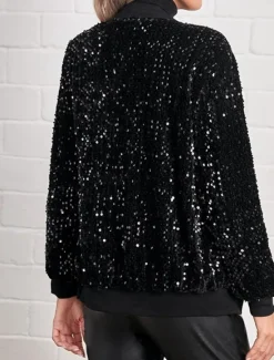 Outlet Women's Bomber Jacket Outdoor Street Daily Wear Fall Winter Short Coat Regular Fit Thermal Warm Breathable Stylish Casual Jacket Long Sleeve Plain Sequins with Pockets Women Jackets