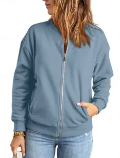 Online Women's Bomber Jacket Outdoor Street Daily Wear Fall Winter Short Coat Regular Fit Thermal Warm Breathable Stylish Casual Jacket Long Sleeve Plain with Pockets Full Zip Blue Green Apricot Women Jackets