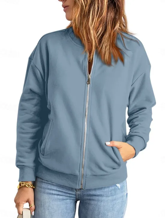 Online Women's Bomber Jacket Outdoor Street Daily Wear Fall Winter Short Coat Regular Fit Thermal Warm Breathable Stylish Casual Jacket Long Sleeve Plain with Pockets Full Zip Blue Green Apricot Women Jackets