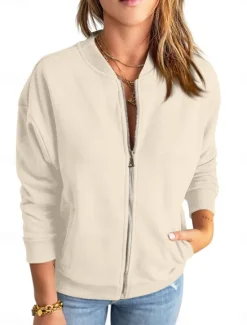 Online Women's Bomber Jacket Outdoor Street Daily Wear Fall Winter Short Coat Regular Fit Thermal Warm Breathable Stylish Casual Jacket Long Sleeve Plain with Pockets Full Zip Blue Green Apricot Women Jackets