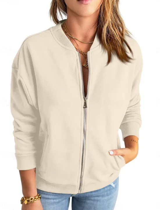 Online Women's Bomber Jacket Outdoor Street Daily Wear Fall Winter Short Coat Regular Fit Thermal Warm Breathable Stylish Casual Jacket Long Sleeve Plain with Pockets Full Zip Blue Green Apricot Women Jackets
