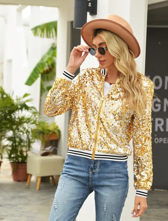 Online Women's Bomber Jacket Sparkly Sequins Varsity Jacket Wedding Party Daily Spring Fall Coat Regular Fit Windproof Warm Active Elegant Casual Jacket Long Sleeve Solid Color Sequins Black Blue Gold Women Jackets