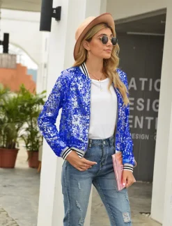 Online Women's Bomber Jacket Sparkly Sequins Varsity Jacket Wedding Party Daily Spring Fall Coat Regular Fit Windproof Warm Active Elegant Casual Jacket Long Sleeve Solid Color Sequins Black Blue Gold Women Jackets