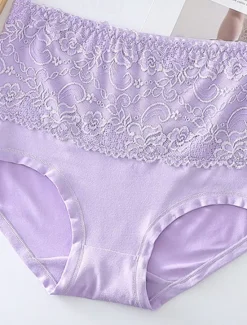 Online Women's Brief Underwear 1 PC Underwear Fashion Simple Sexy Lace Hole Flower High Waist Sexy Black Purple Pink M L XL Home Outfits Women Lingerie